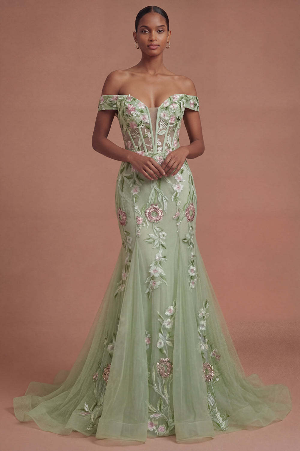 Leely Women Corset Off the Shoulder Green Floral Long Prom Dress Appliqued Backless Gala Dress