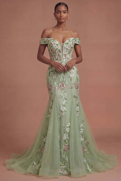 Leely Women Corset Off the Shoulder Green Floral Long Prom Dress Appliqued Backless Gala Dress