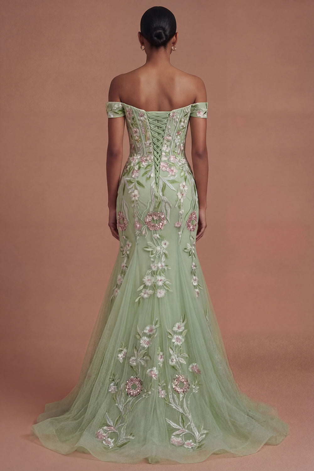 Corset Off the Shoulder Green Floral Long Prom Dress