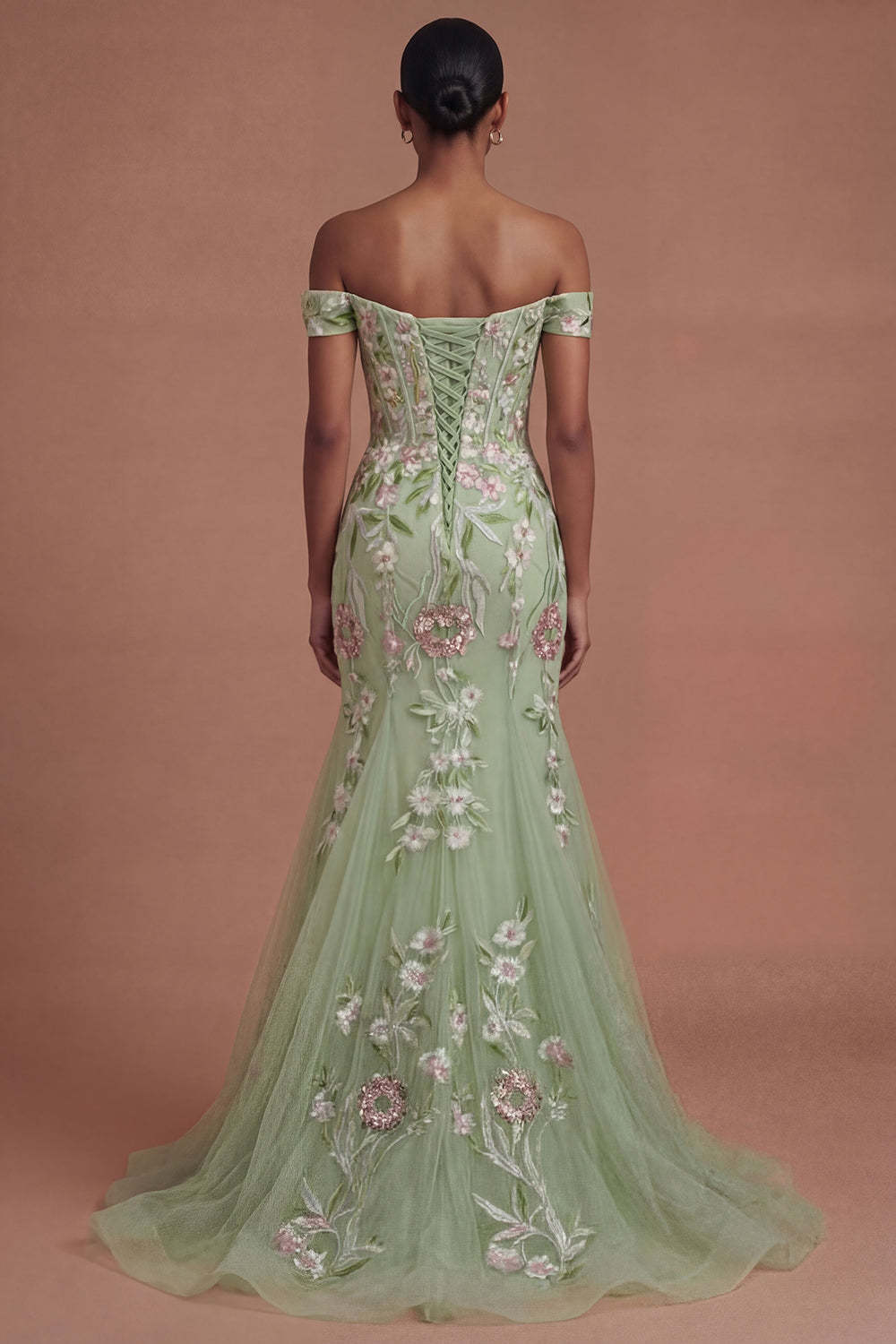 Corset Off the Shoulder Green Floral Long Prom Dress