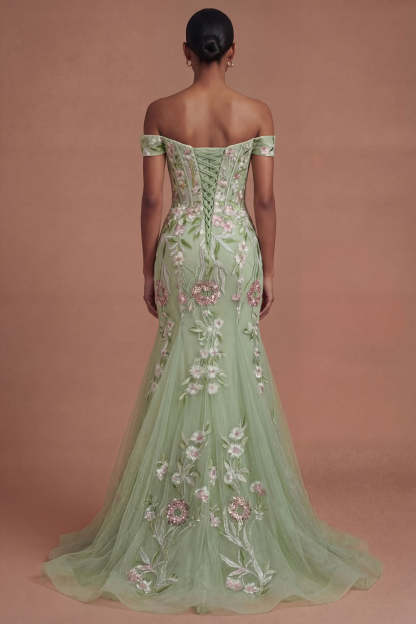 Corset Off the Shoulder Green Floral Long Prom Dress