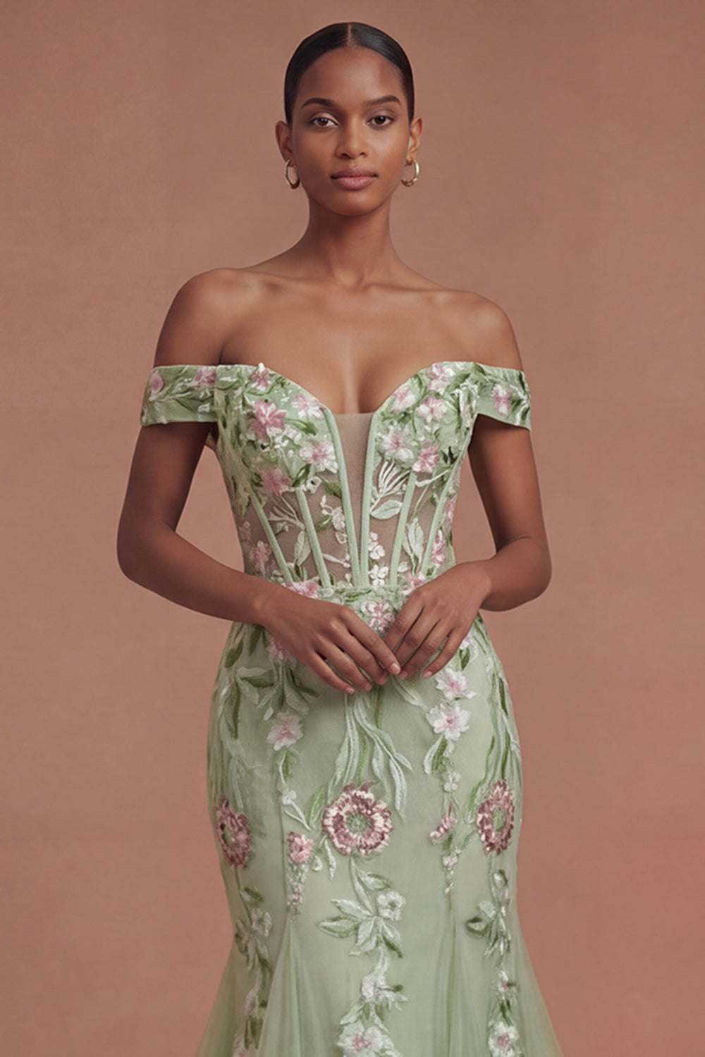 Corset Off the Shoulder Green Floral Long Prom Dress