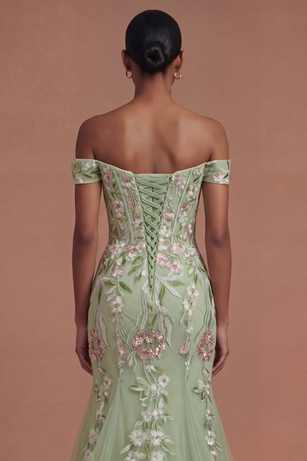 Corset Off the Shoulder Green Floral Long Prom Dress