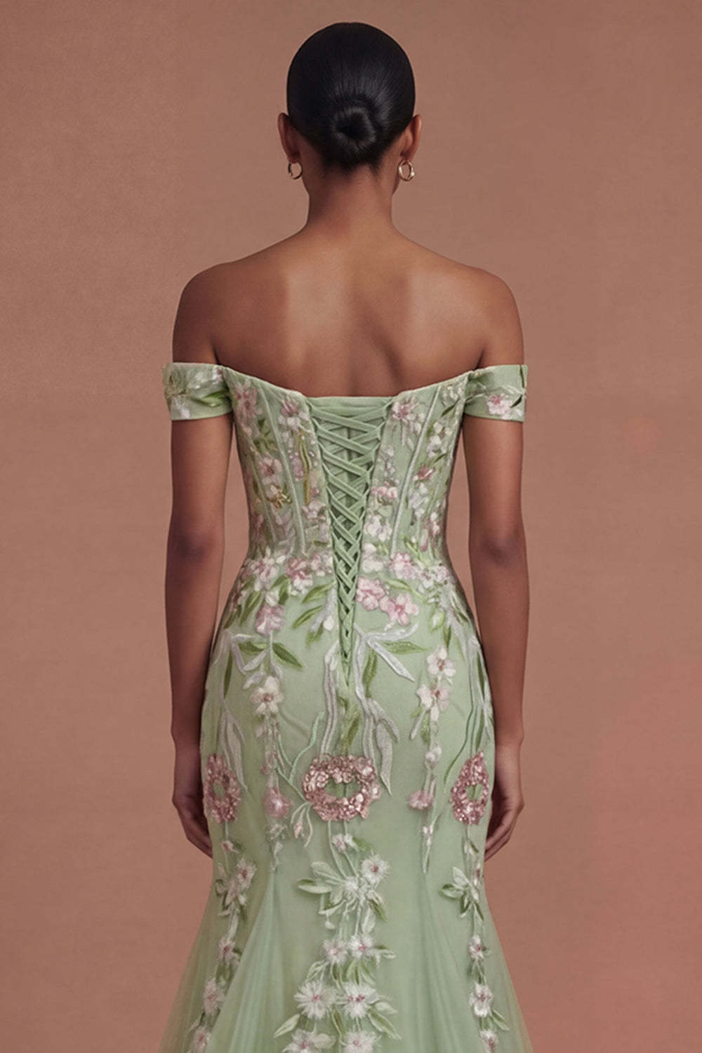 Corset Off the Shoulder Green Floral Long Prom Dress