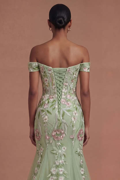 Corset Off the Shoulder Green Floral Long Prom Dress