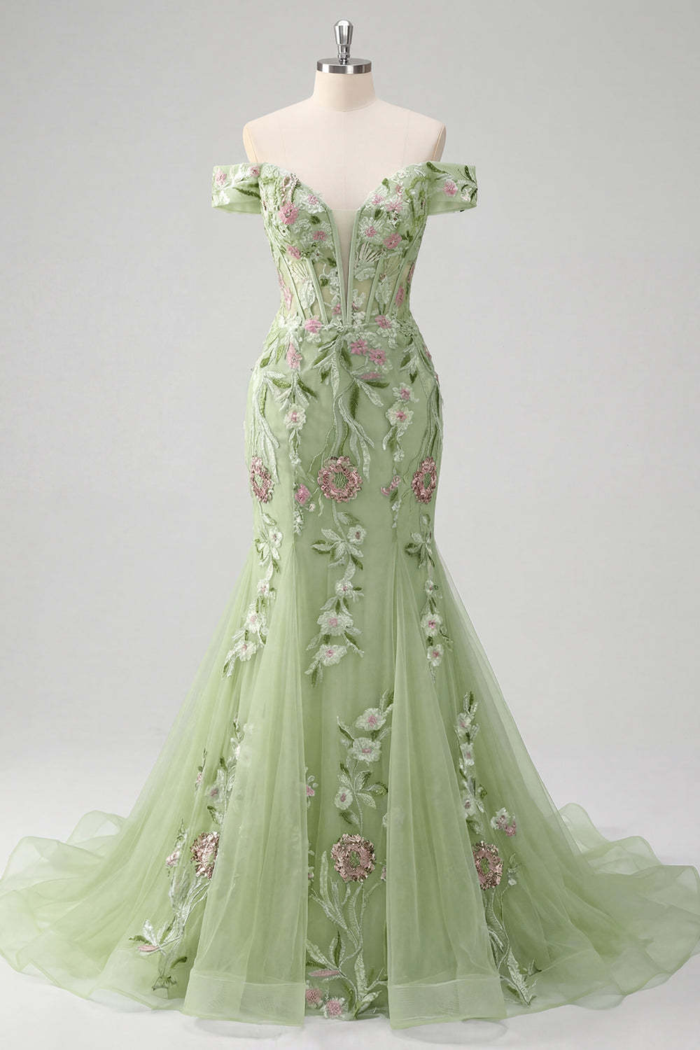 Corset Off the Shoulder Green Floral Long Prom Dress