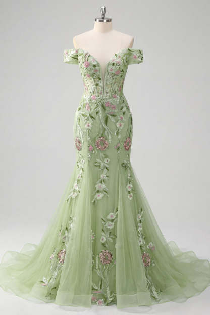 Corset Off the Shoulder Green Floral Long Prom Dress