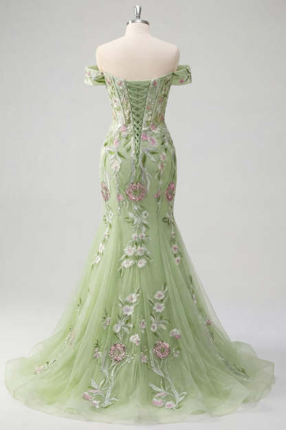 Corset Off the Shoulder Green Floral Long Prom Dress