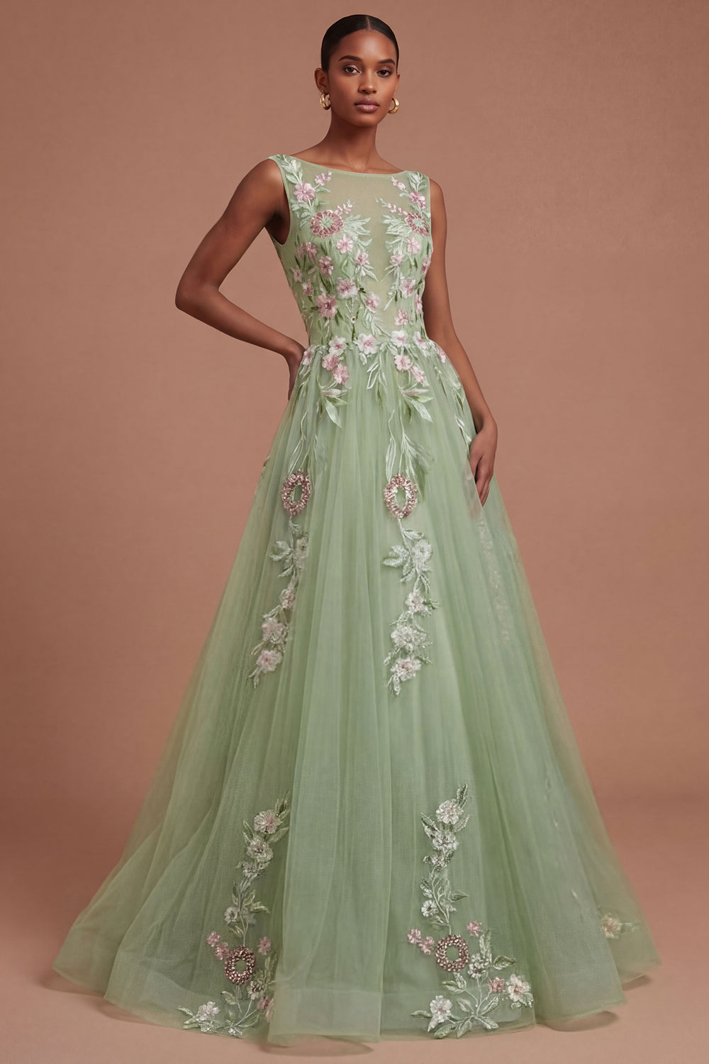 Green Appliqued Floral A Line Round Neck Long Prom Dress