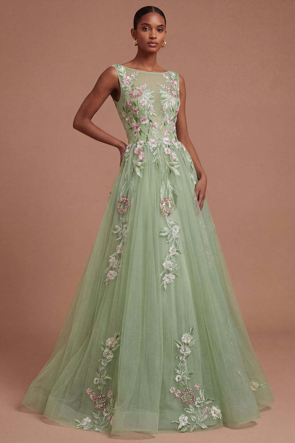 Leely Women Appliqued Floral A Line Long Prom Dress Sleeveless Round Neck Evening Dress