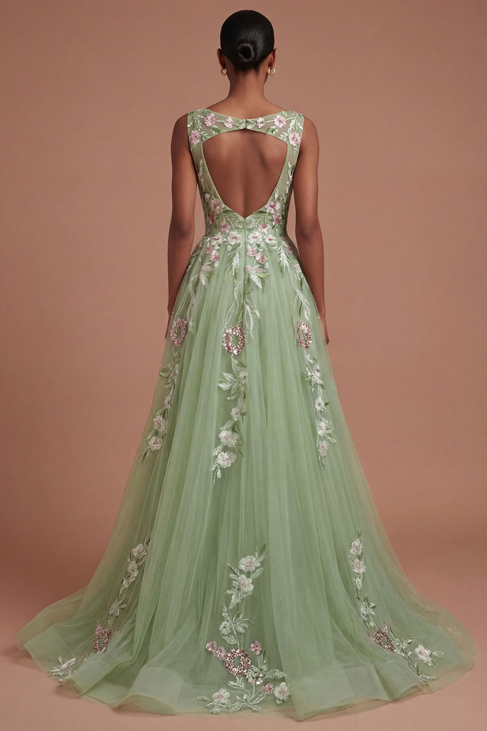 Green Appliqued Floral A Line Round Neck Long Prom Dress