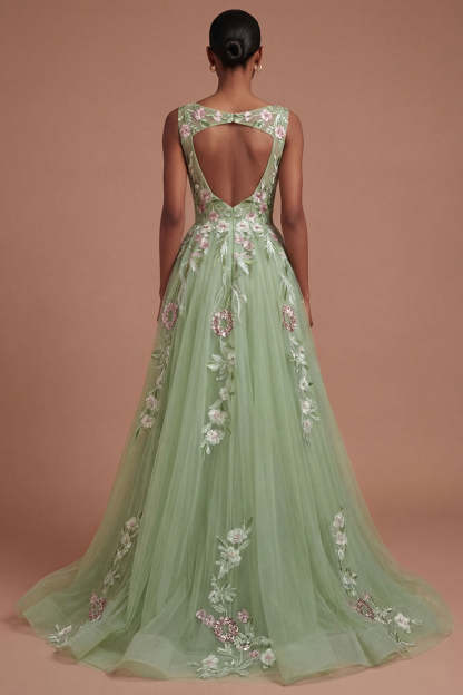 Green Appliqued Floral A Line Round Neck Long Prom Dress
