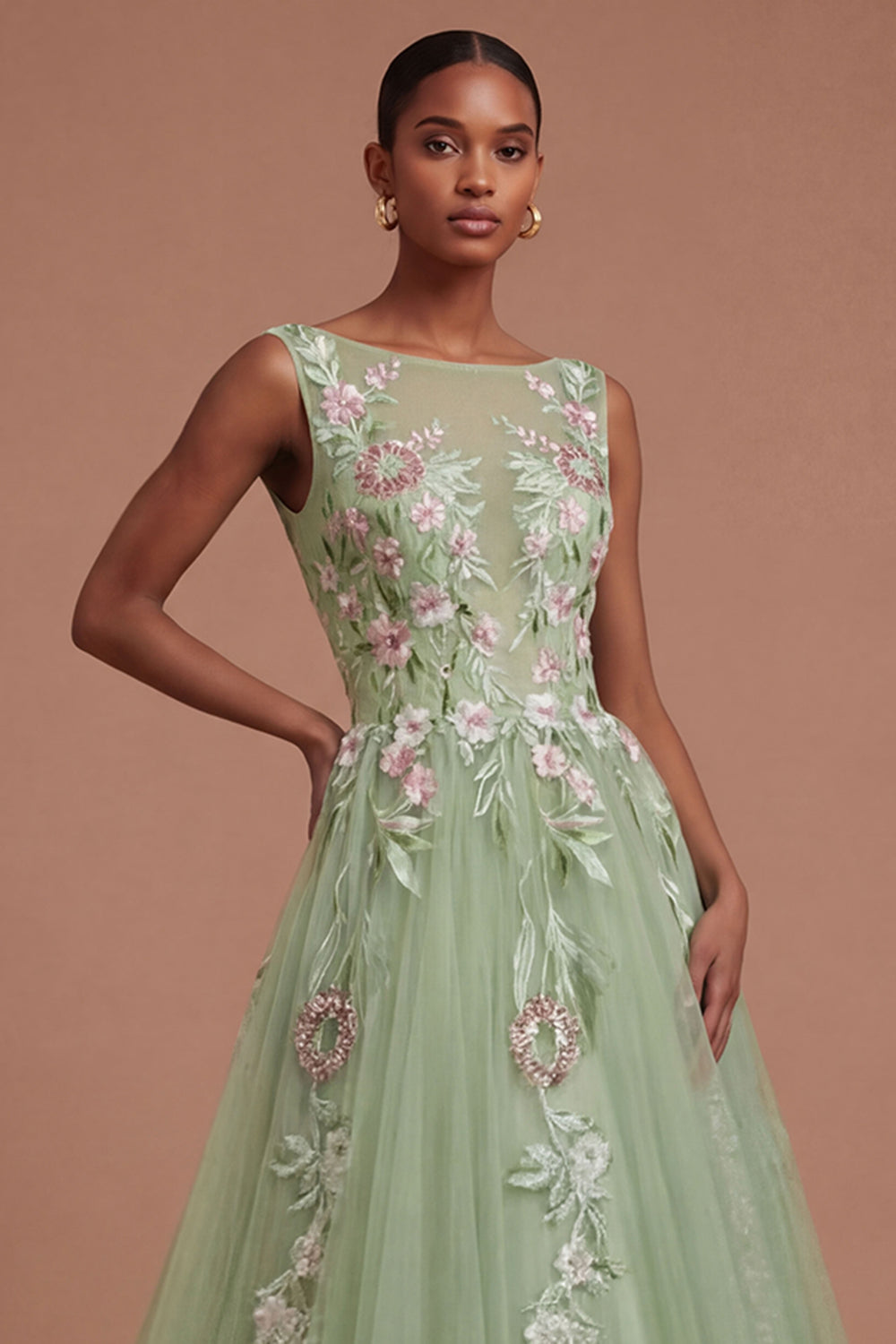 Green Appliqued Floral A Line Round Neck Long Prom Dress