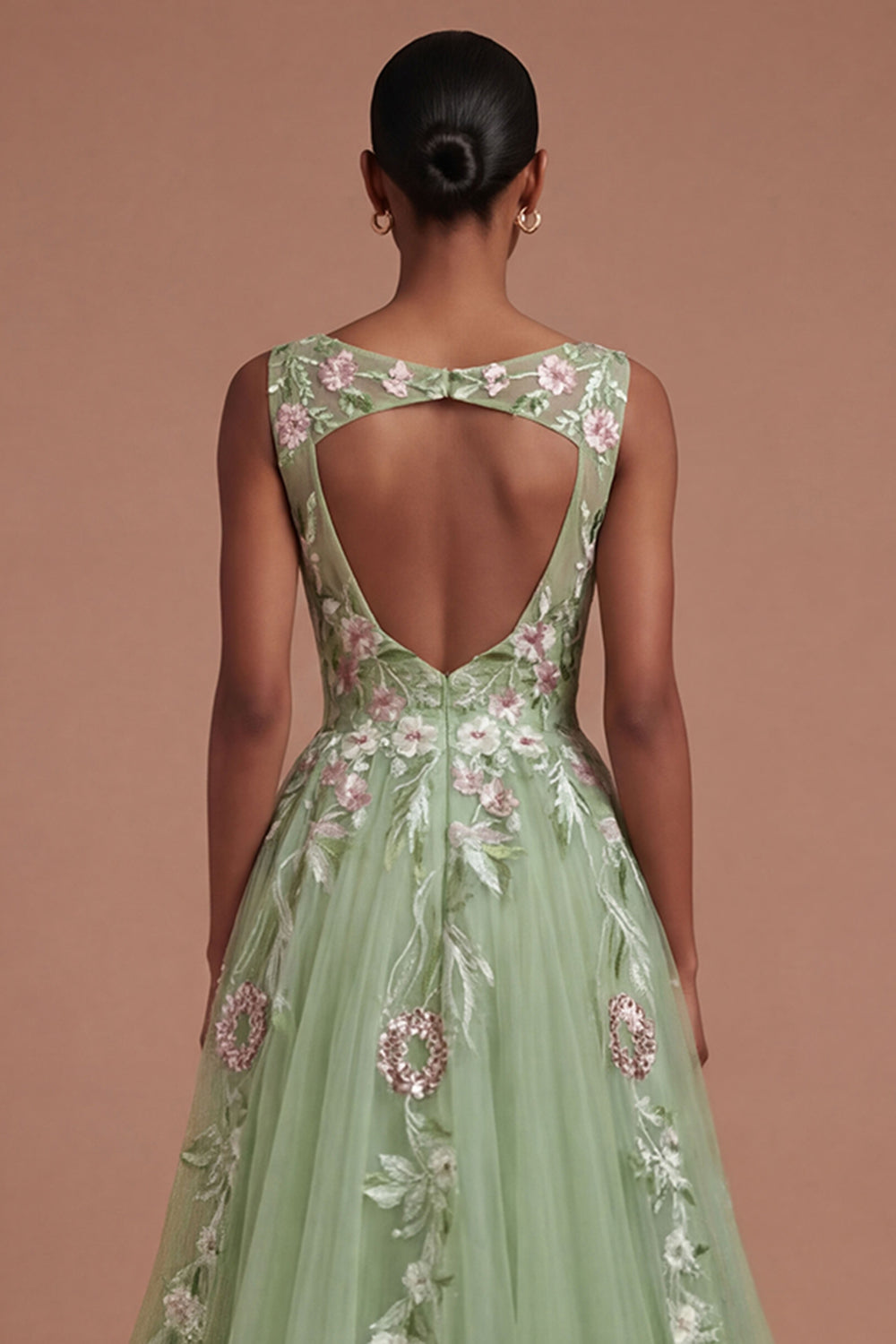 Green Appliqued Floral A Line Round Neck Long Prom Dress
