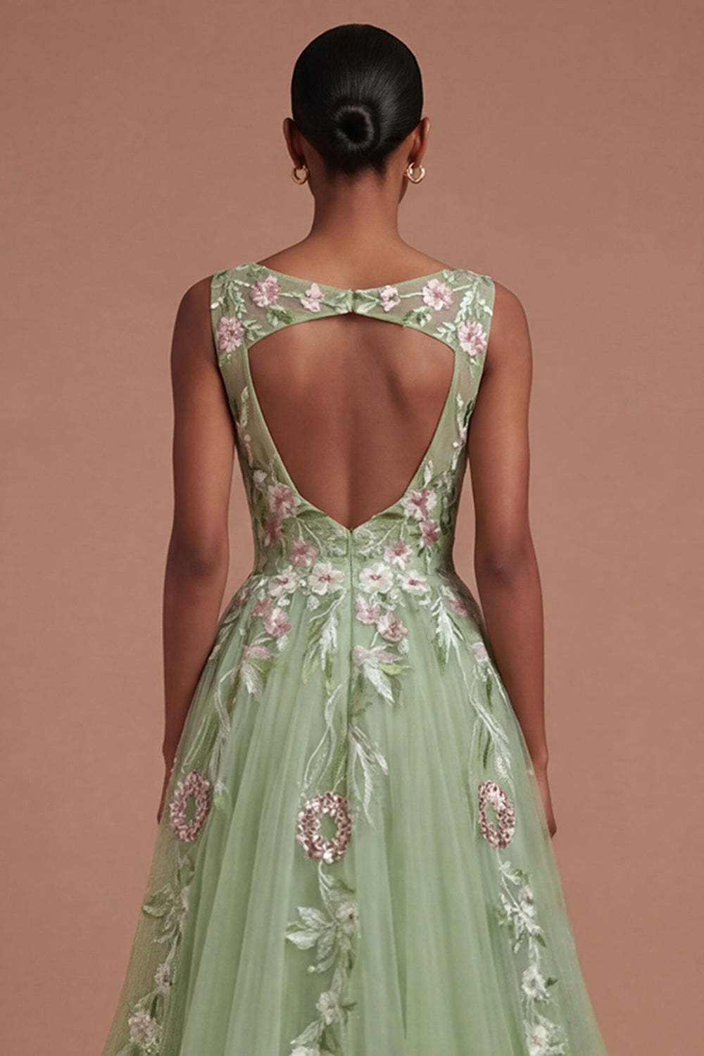 Green Appliqued Floral A Line Round Neck Long Prom Dress