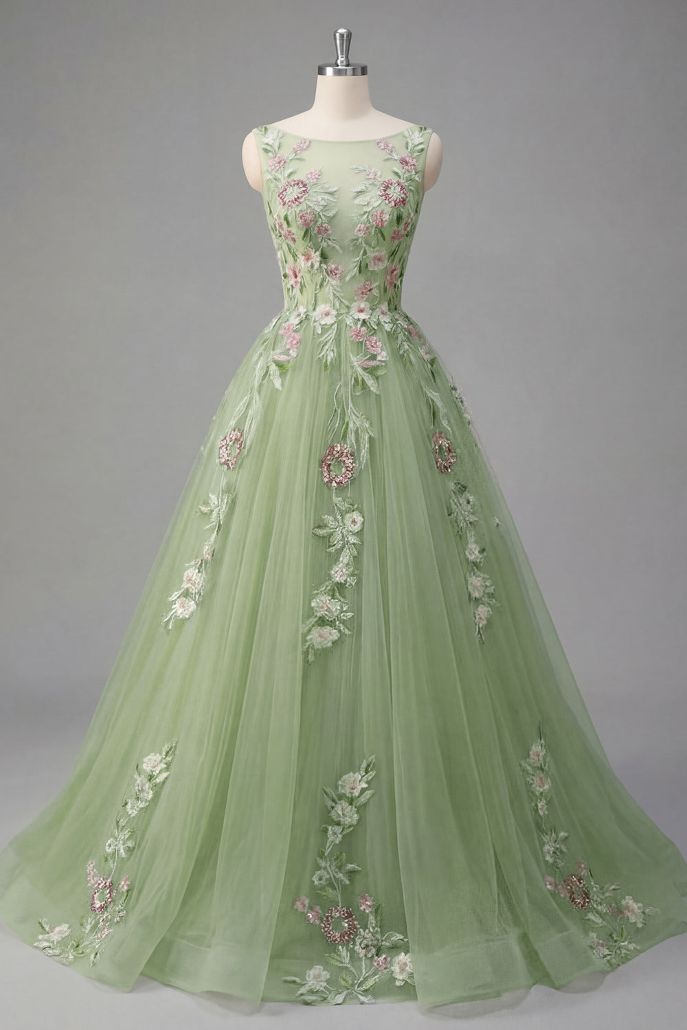 Green Appliqued Floral A Line Round Neck Long Prom Dress