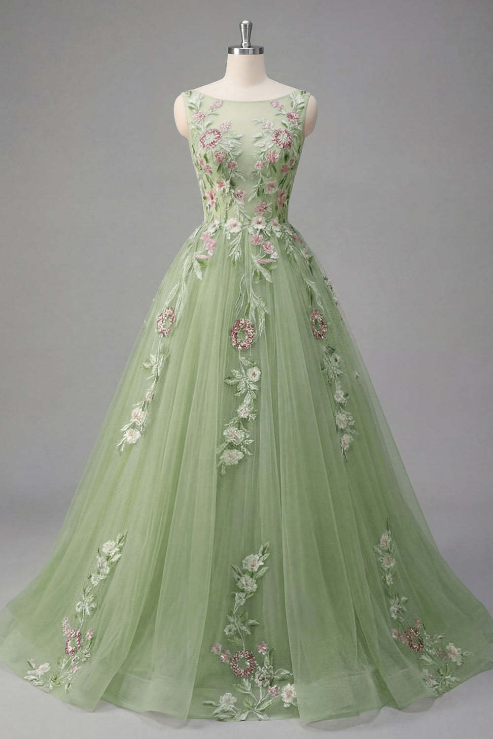 Green Appliqued Floral A Line Round Neck Long Prom Dress
