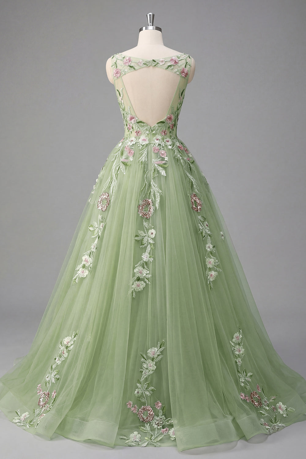 Green Appliqued Floral A Line Round Neck Long Prom Dress