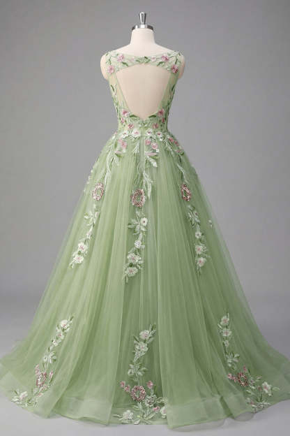Green Appliqued Floral A Line Round Neck Long Prom Dress
