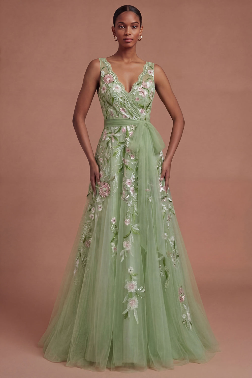 Leely Women A Line V Neck Floral Green Long Prom Dress Appliqued Sleeveless Evening Dress