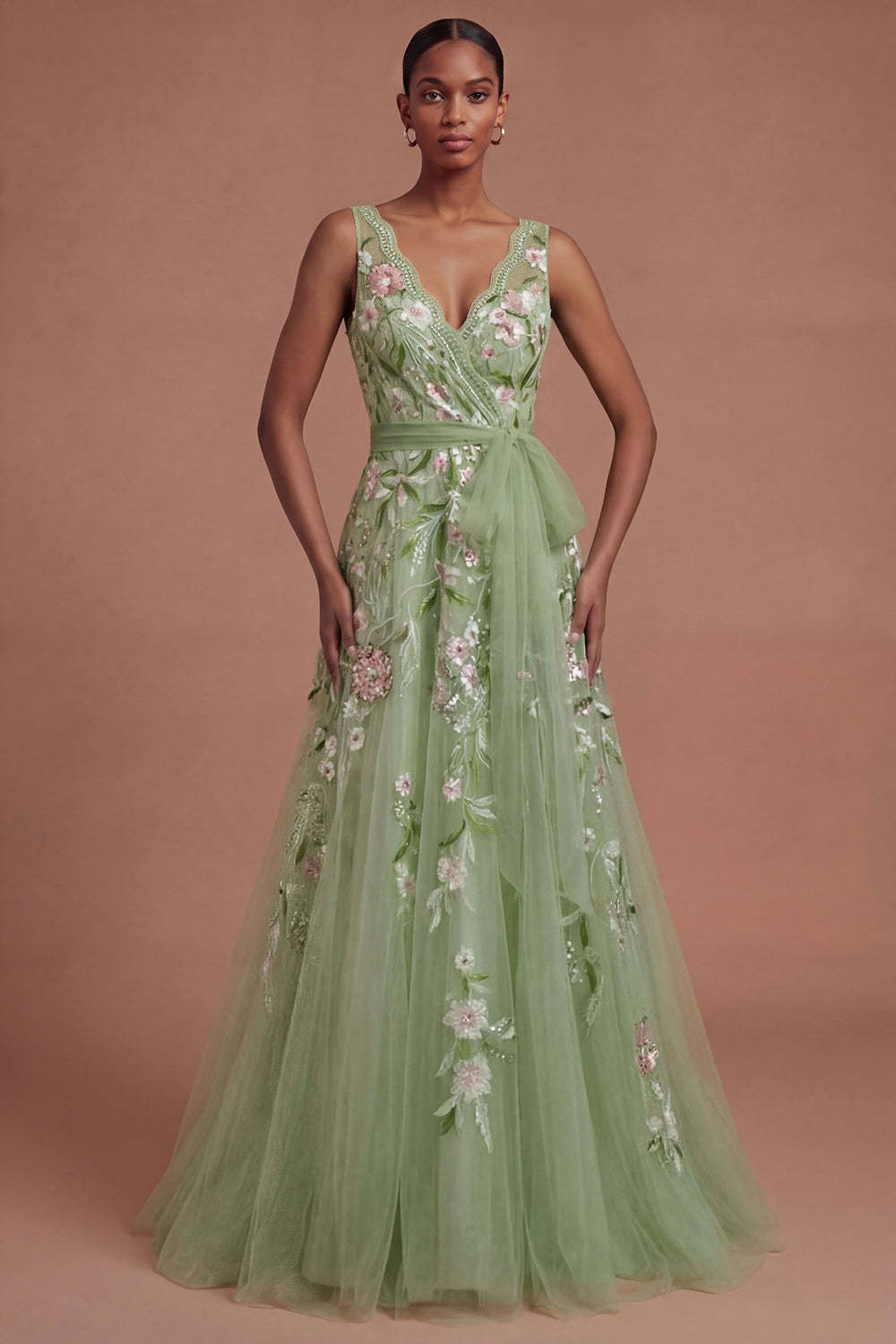 Leely Women A Line V Neck Floral Green Long Prom Dress Appliqued Sleeveless Evening Dress