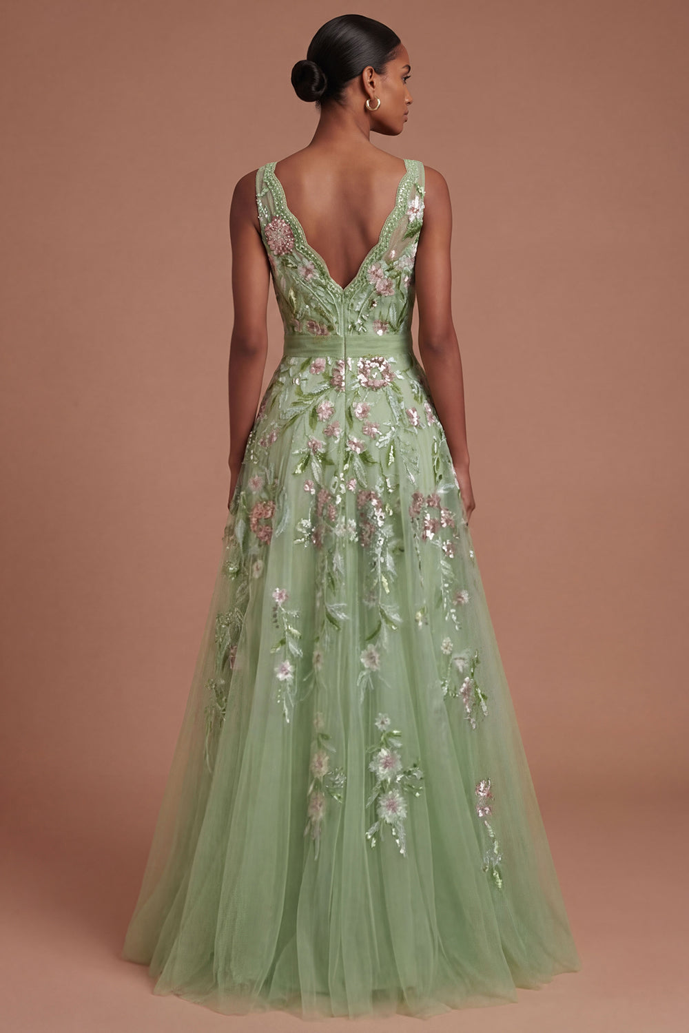 A Line V Neck Floral Appliqued Green Long Prom Dress