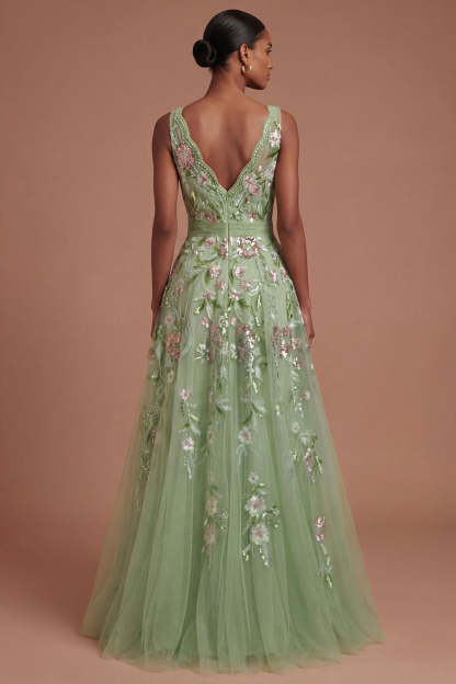 A Line V Neck Floral Appliqued Green Long Prom Dress