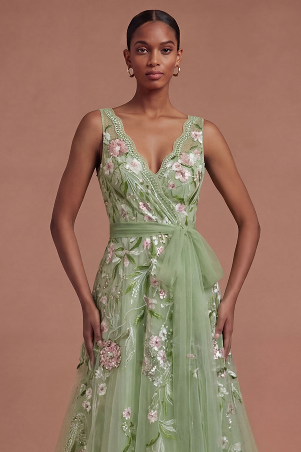 A Line V Neck Floral Appliqued Green Long Prom Dress