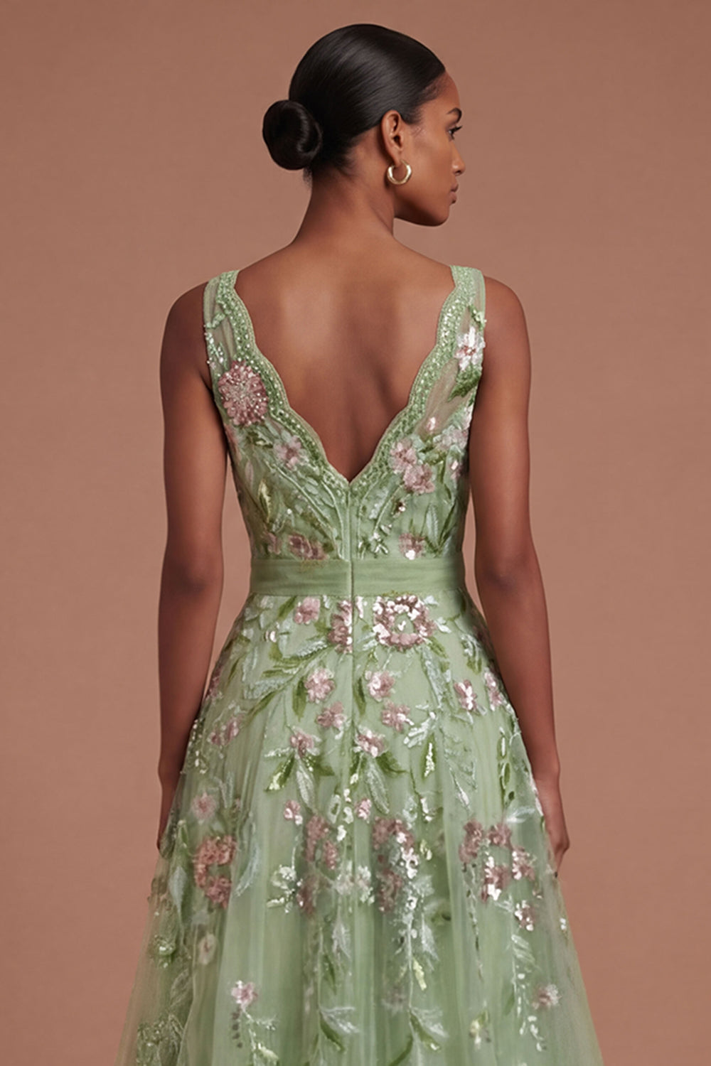 A Line V Neck Floral Appliqued Green Long Prom Dress