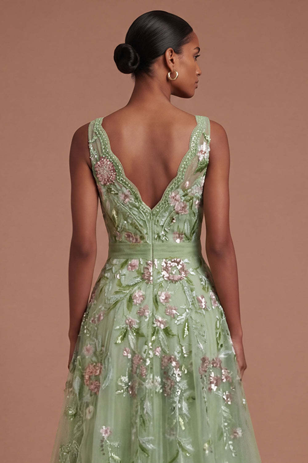 A Line V Neck Floral Appliqued Green Long Prom Dress