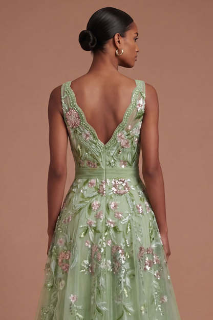 A Line V Neck Floral Appliqued Green Long Prom Dress