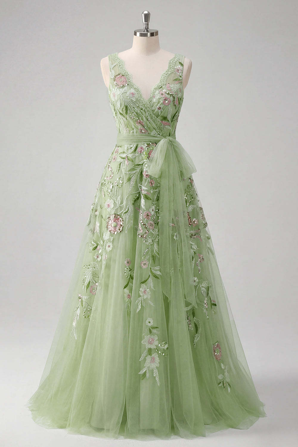 A Line V Neck Floral Appliqued Green Long Prom Dress
