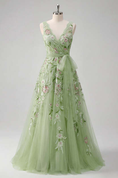 A Line V Neck Floral Appliqued Green Long Prom Dress