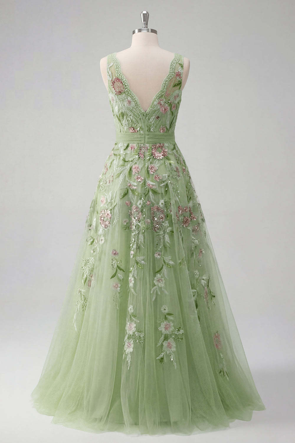 A Line V Neck Floral Appliqued Green Long Prom Dress