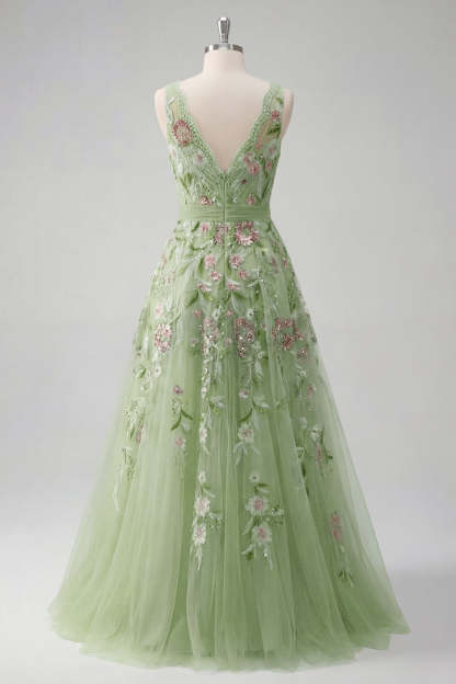 A Line V Neck Floral Appliqued Green Long Prom Dress
