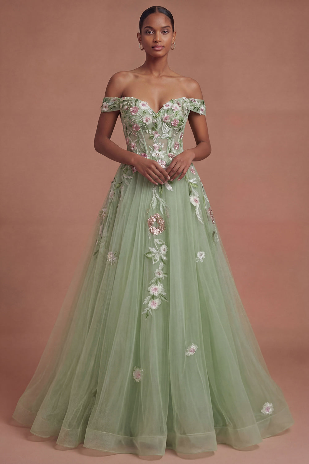 Corset Off the Shoulder Floral Green Long Prom Dress