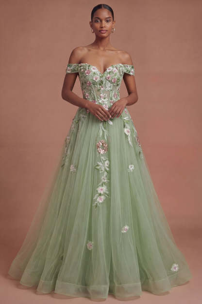 Leely Women Corset Off the Shoulder Floral Green Long Prom Dress A Line Backless Sleeveless Wedding Guest Dress