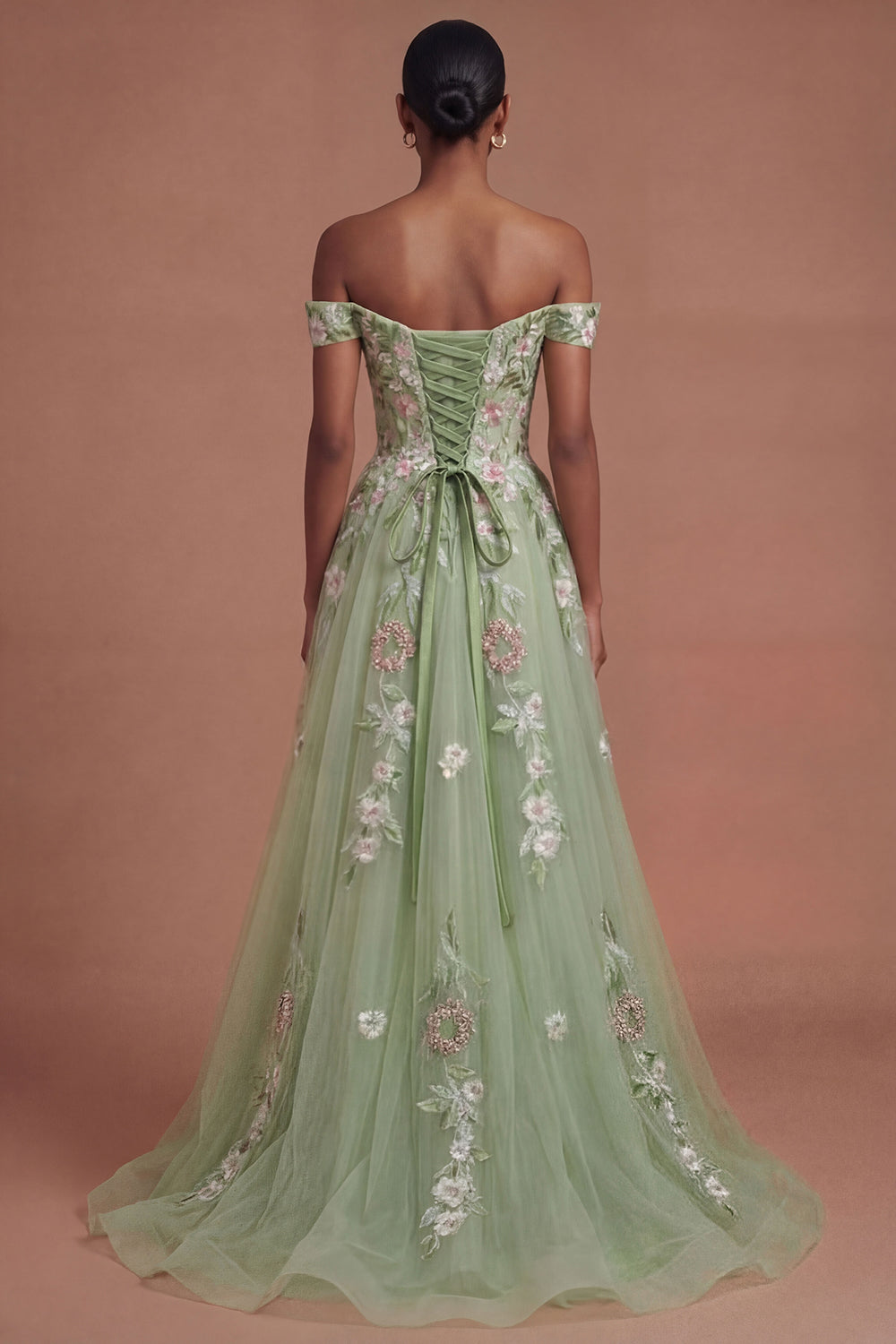 Corset Off the Shoulder Floral Green Long Prom Dress