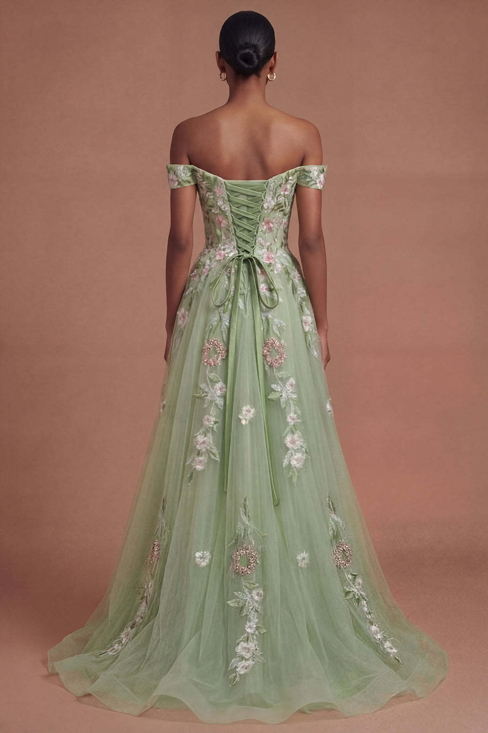 Corset Off the Shoulder Floral Green Long Prom Dress