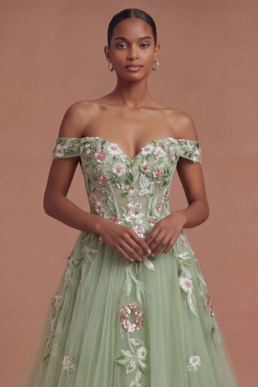 Corset Off the Shoulder Floral Green Long Prom Dress