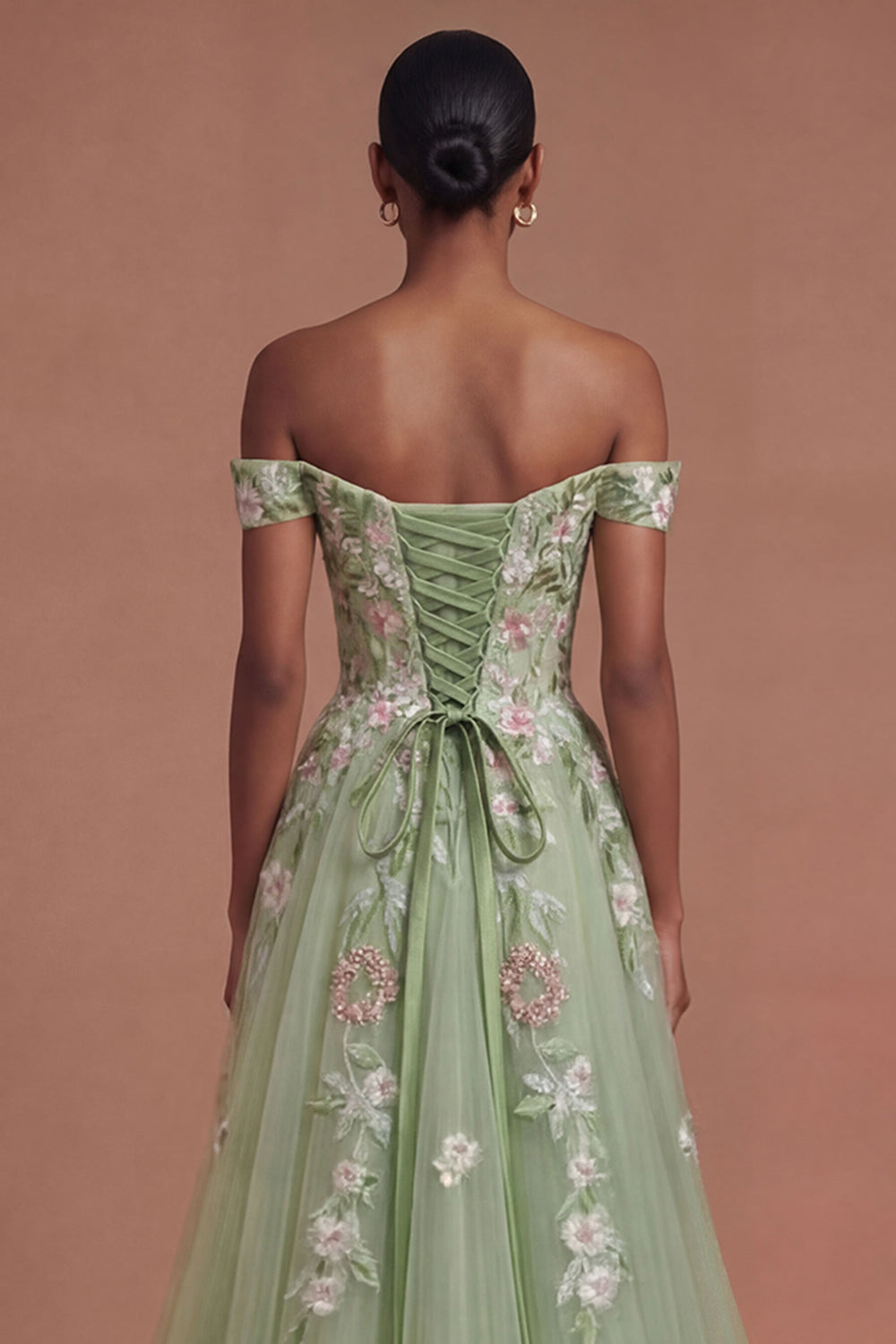 Corset Off the Shoulder Floral Green Long Prom Dress