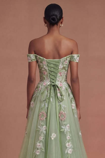 Corset Off the Shoulder Floral Green Long Prom Dress