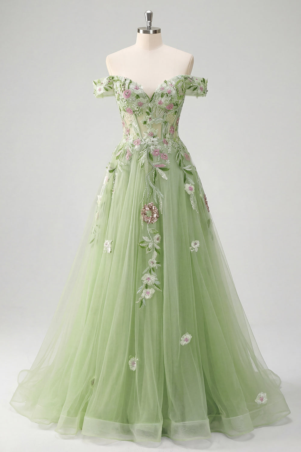 Corset Off the Shoulder Floral Green Long Prom Dress