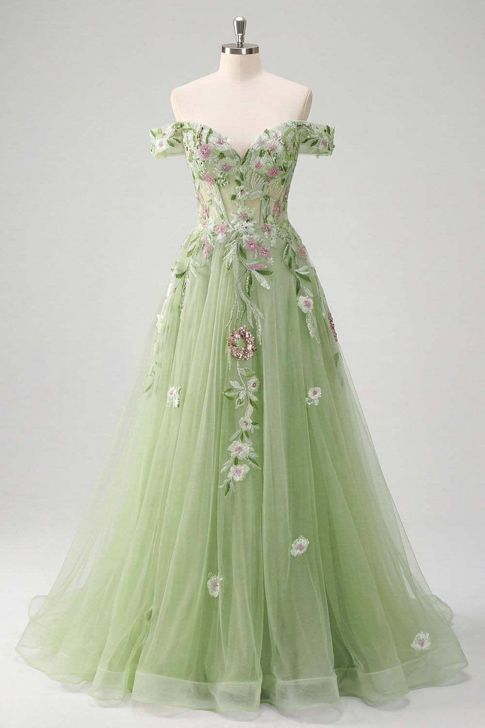 Corset Off the Shoulder Floral Green Long Prom Dress