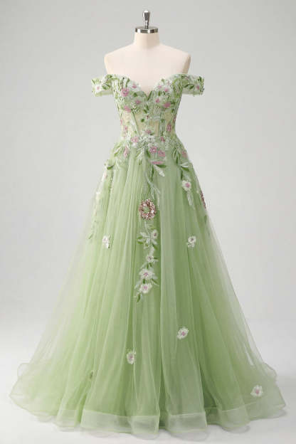 Corset Off the Shoulder Floral Green Long Prom Dress