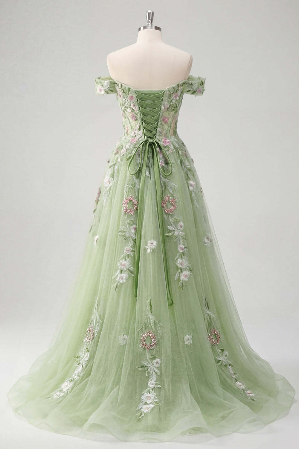 Corset Off the Shoulder Floral Green Long Prom Dress