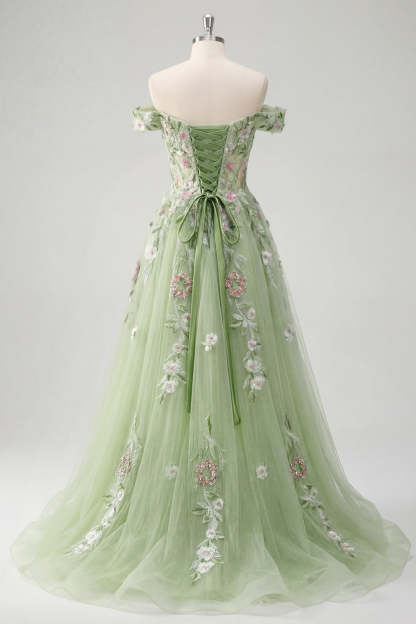 Corset Off the Shoulder Floral Green Long Prom Dress
