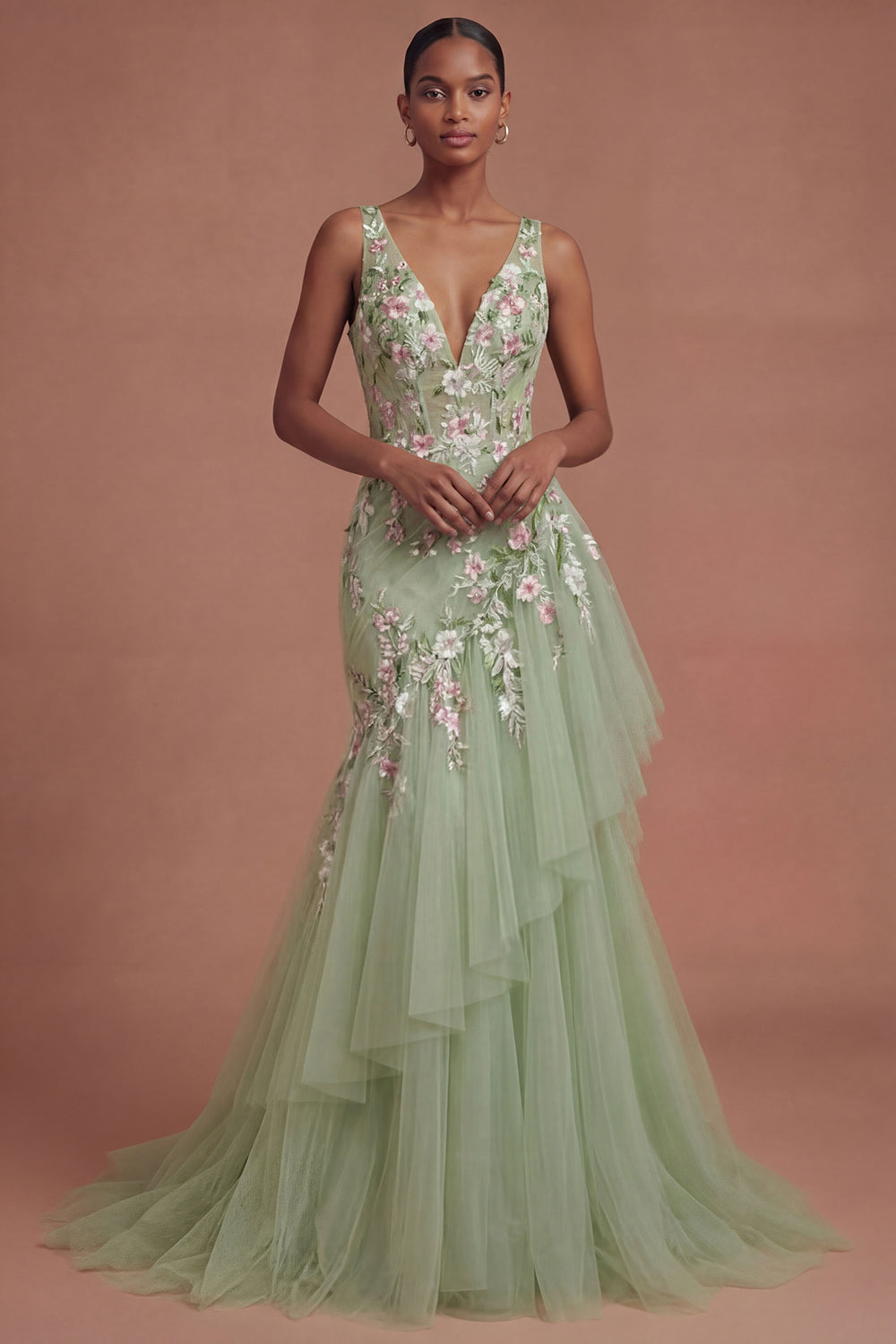 Mermaid Ruffled V Neck Floral Long Green Prom Dress