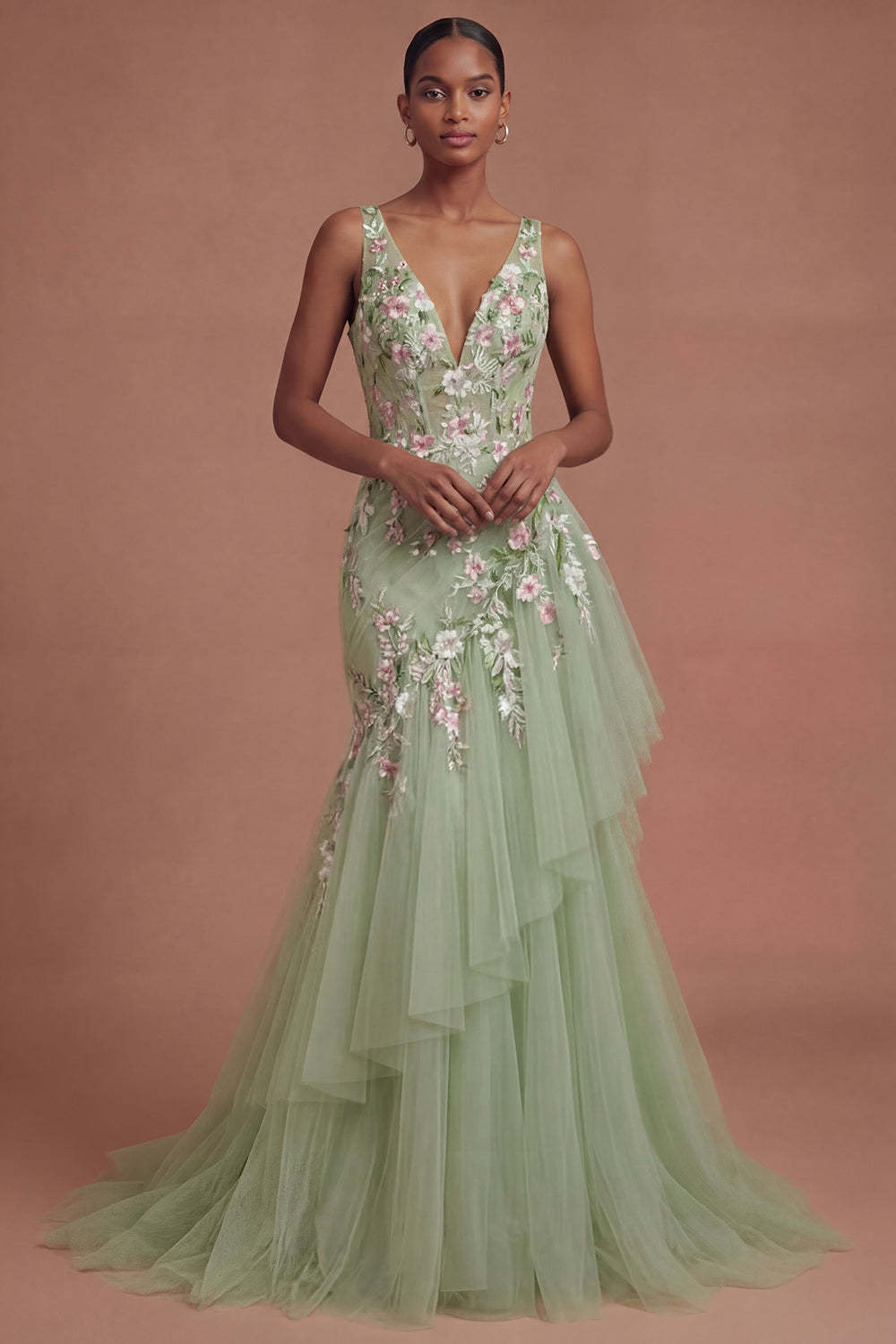 Leely Women Mermaid Ruffled V Neck Floral Long Green Prom Dress Sleeveless Backless Wedding Guest Dress