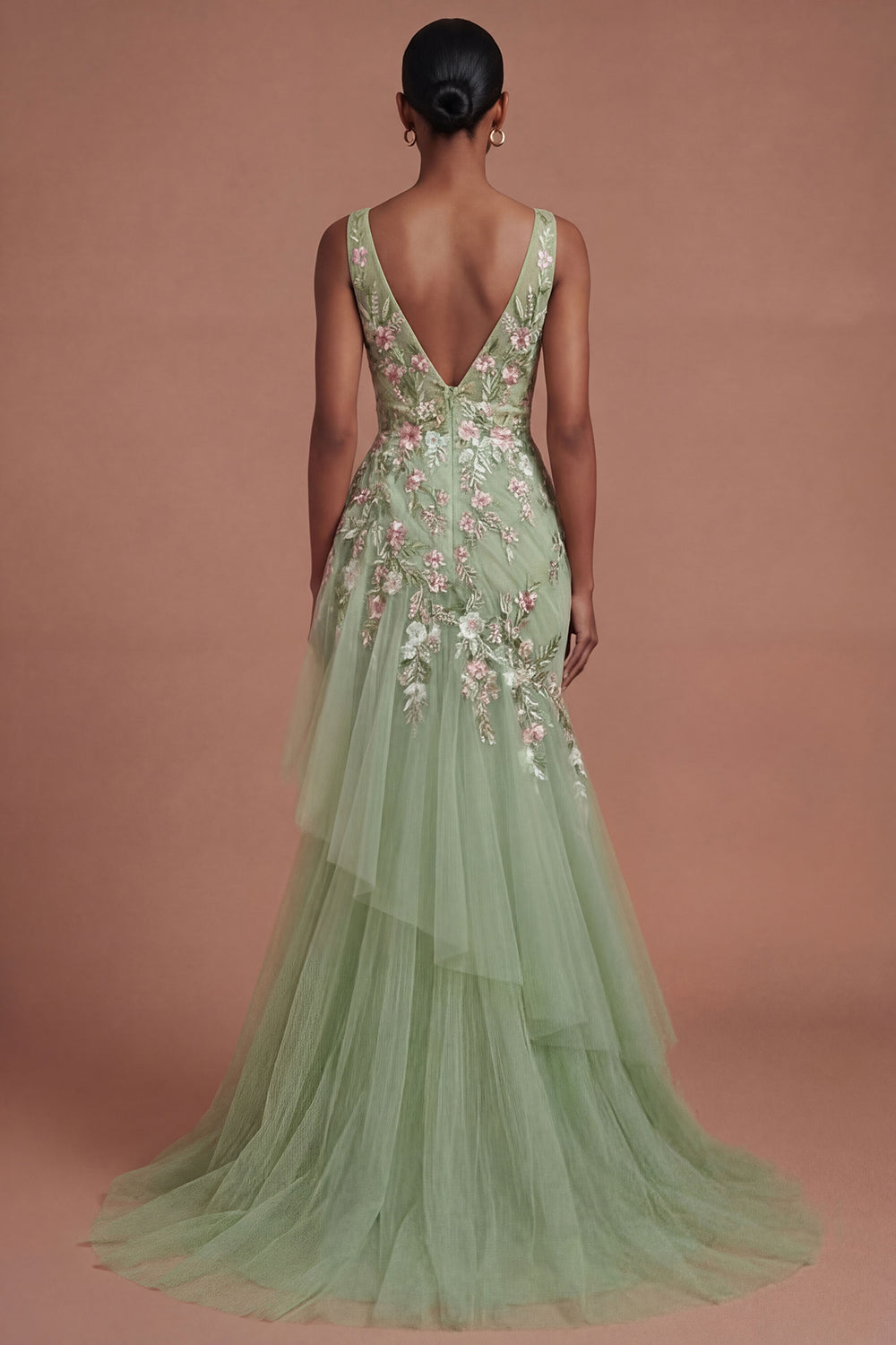 Mermaid Ruffled V Neck Floral Long Green Prom Dress